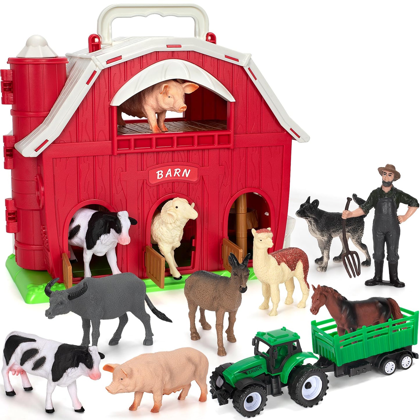 Farm Animals Toys For 1 2 3 Year Old Toddlers Girls Boys, Big Red Barn Farm Playset With Figures Animals And Tractor Toys For Ki