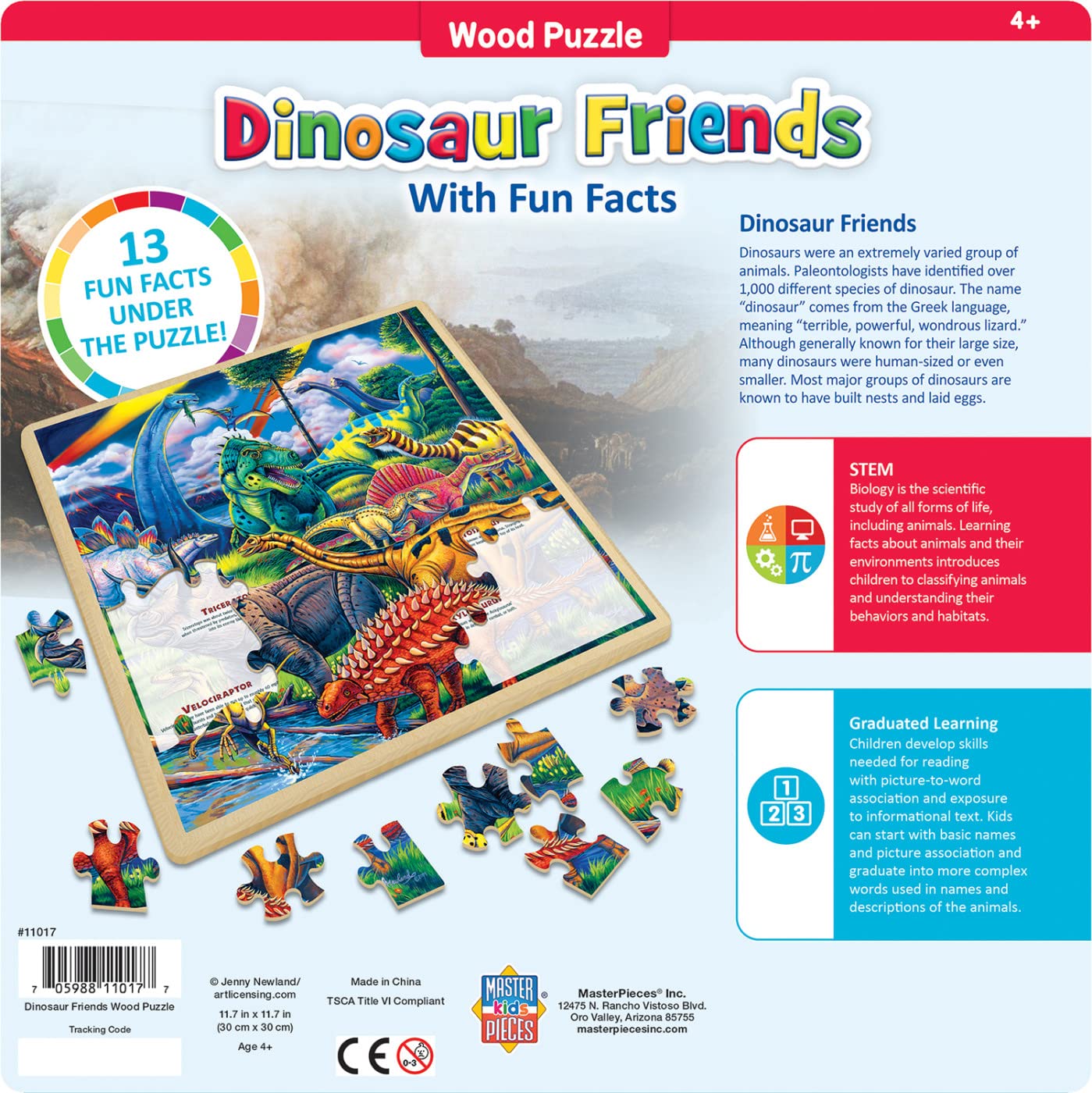 Masterpieces 48 Piece Fun Facts Jigsaw Puzzle For Kids - Dinosaur Friends Wood Puzzle - 12''X12''