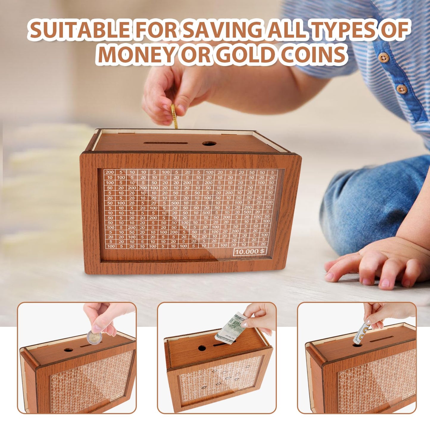 Cash Vault Wooden Savings Box 10000,Wooden Money Box Money Bank,Money Saving Box,Wooden Savings Box With Money Target & Numbers,