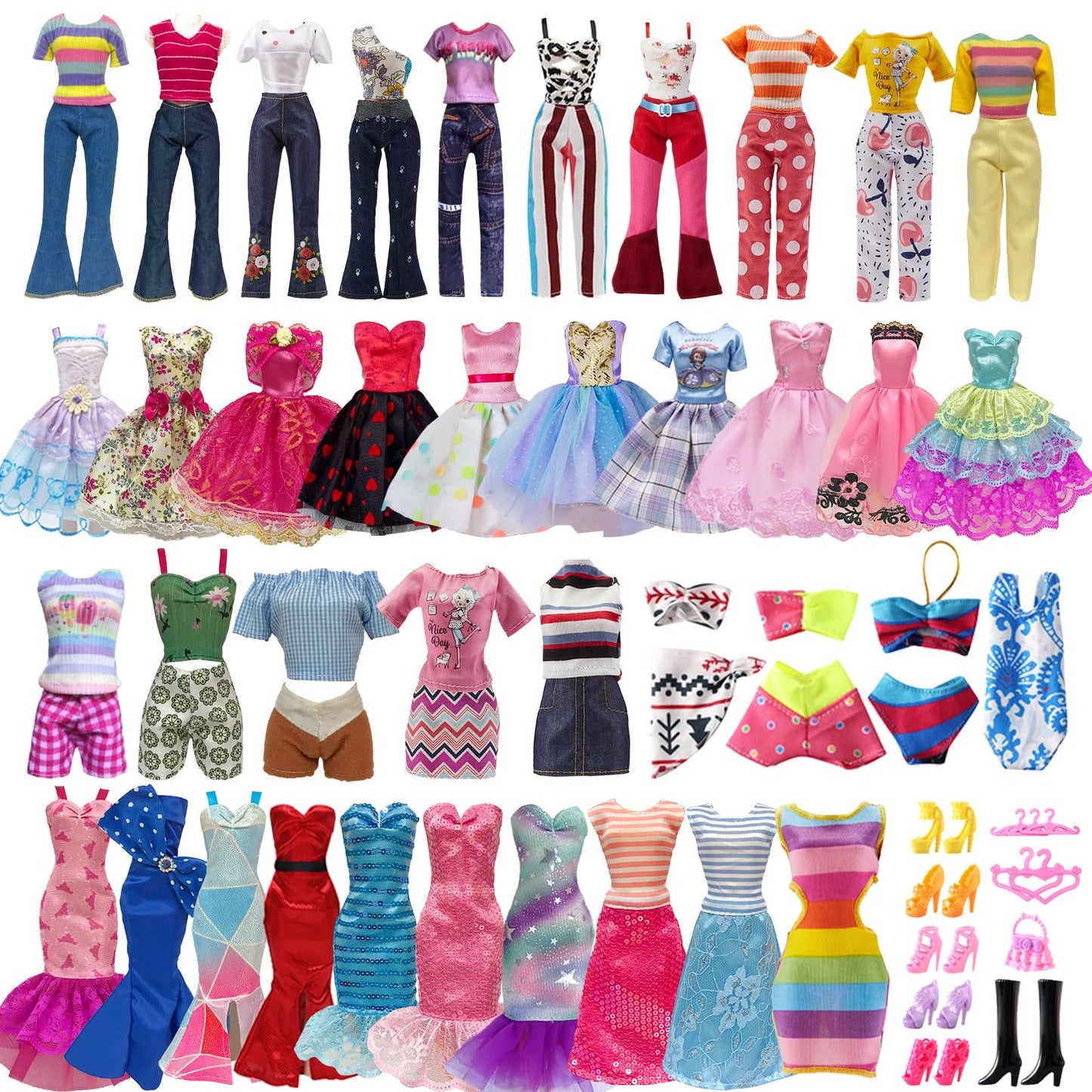 29 Pieces Doll Clothes And Accessories For 11.5 Inch Girl Dolls Outfit Including 5 Tops, 5 Pants, 3 Dresses, 2 Fashionable Dresses, 2 Swimwear, 6 Pairs Of Shoes, 1 Bag, 5 Hangers