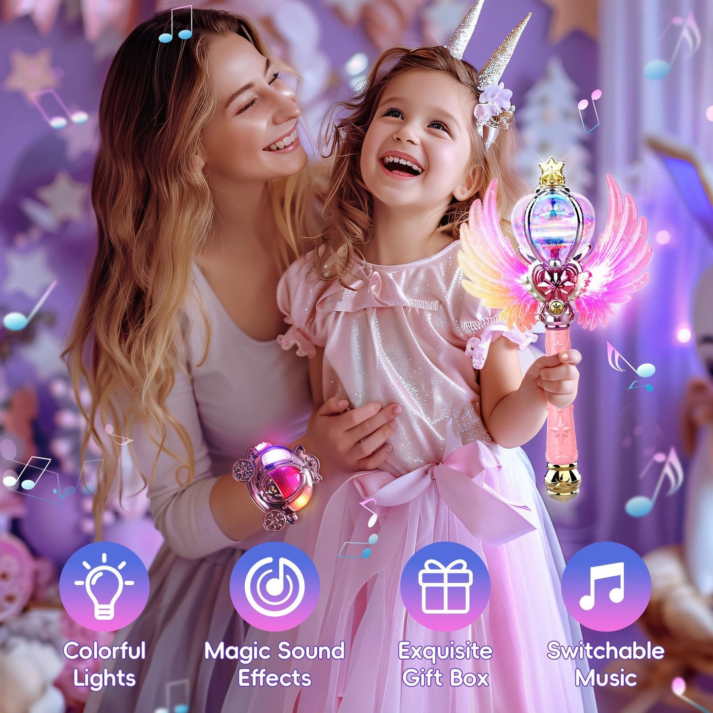 Skirfy Princess Wands For Little Girls, Magic Wand Toys For Girls With Spinning Leds And Magic Sound, Great For Girls, Pink