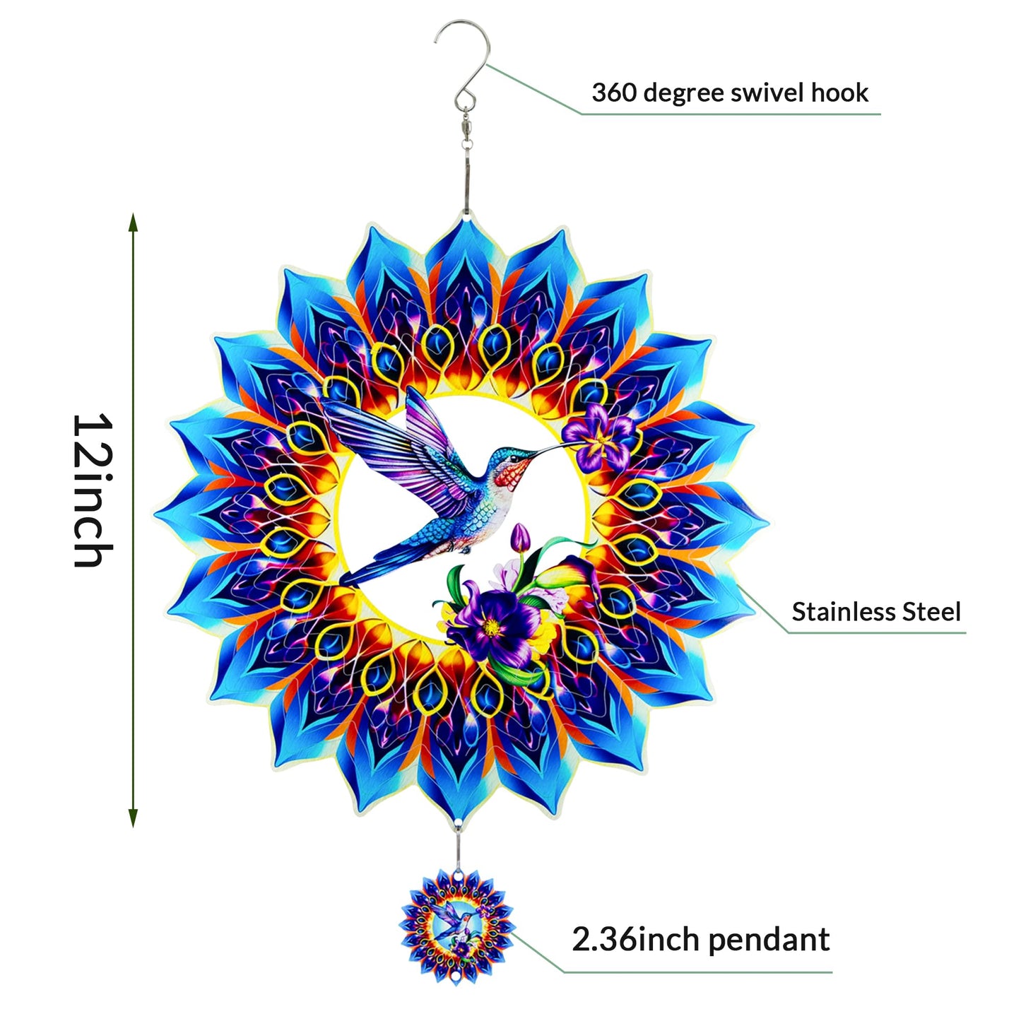 Hummingbird Wind Spinner,Hanging Wind Spinners Outdoor For Garden Decoration,12 Inch 3D Stainless Steel Wind Sculpture For Indoo
