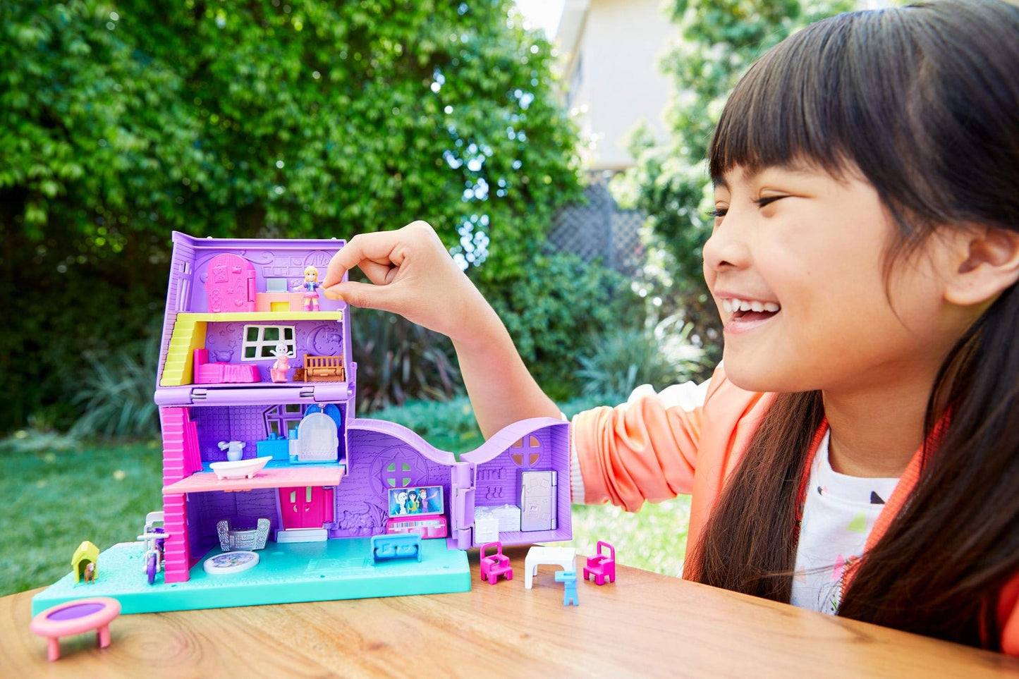 Polly Pocket Doll House With Micro Doll, Toy Bike & Furniture Accessories, Transforming Pollyville Pocket House Playset