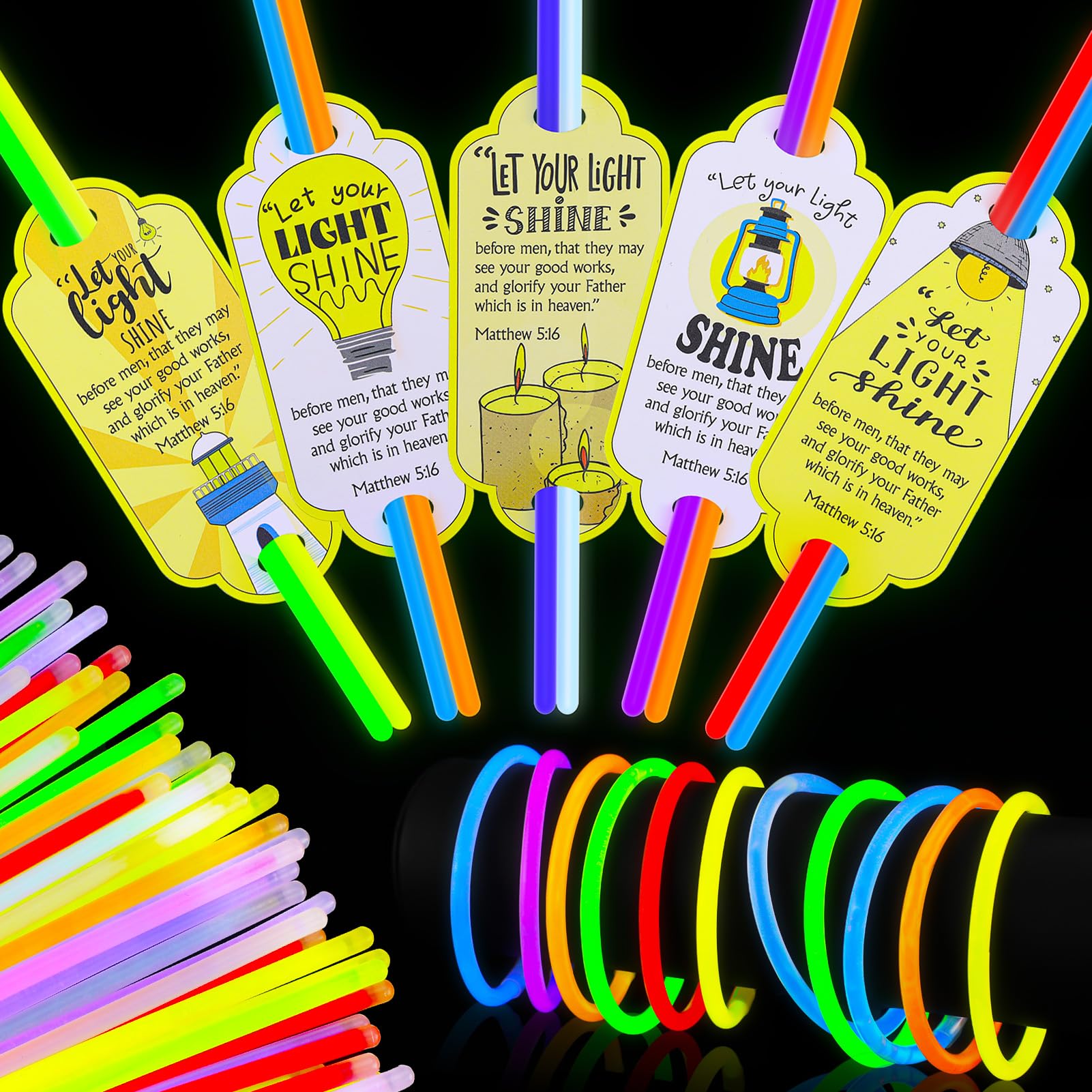 MiniInflat 50 Sets Christian Let Your Light Shine Glow Sticks with Cards Gift for Kids Include 50 Religious Mattehew 5:16 Gift T