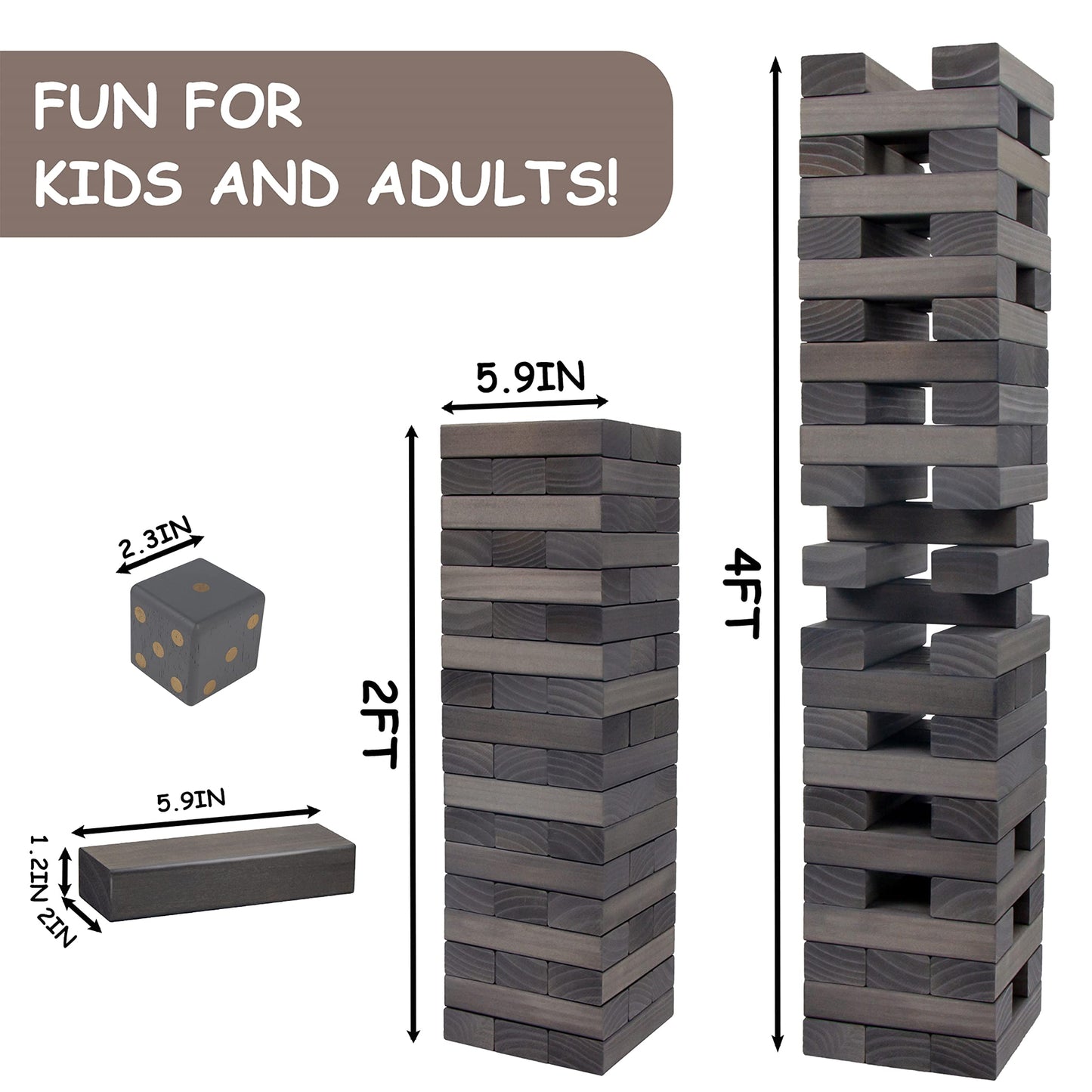 Juegoal Giant Tumble Tower Blocks Game - 54 Pieces, Large Wood Stacking Game, Grey, Includes Dice Set and Canvas Bag
