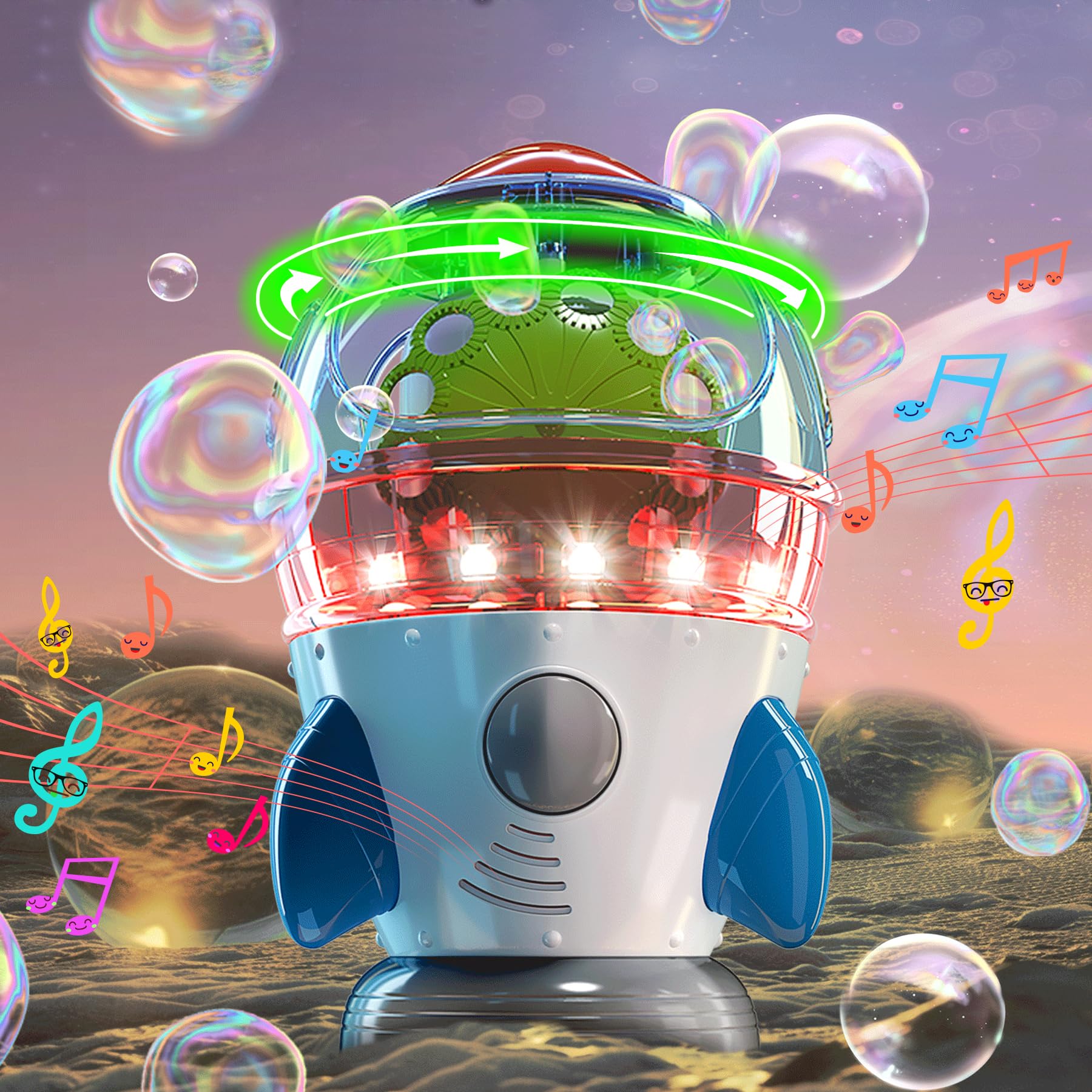 Bubble Machine, Automatic 360 Rotatable Rocket Bubble Blower Machine With 2 Fans Lights Music For Kids Toddlers 1-3 Bubble Maker