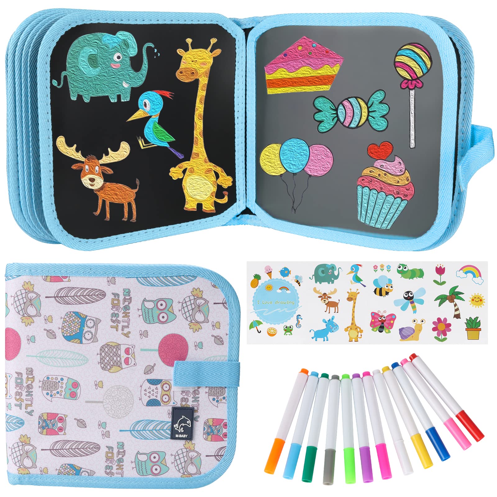 Qrytoi Erasable Kids  Doodle Set, Magic Drawing Book, Reusable 12 Watercolor Pens, 14 Page Car Game Set (Owl Blue)