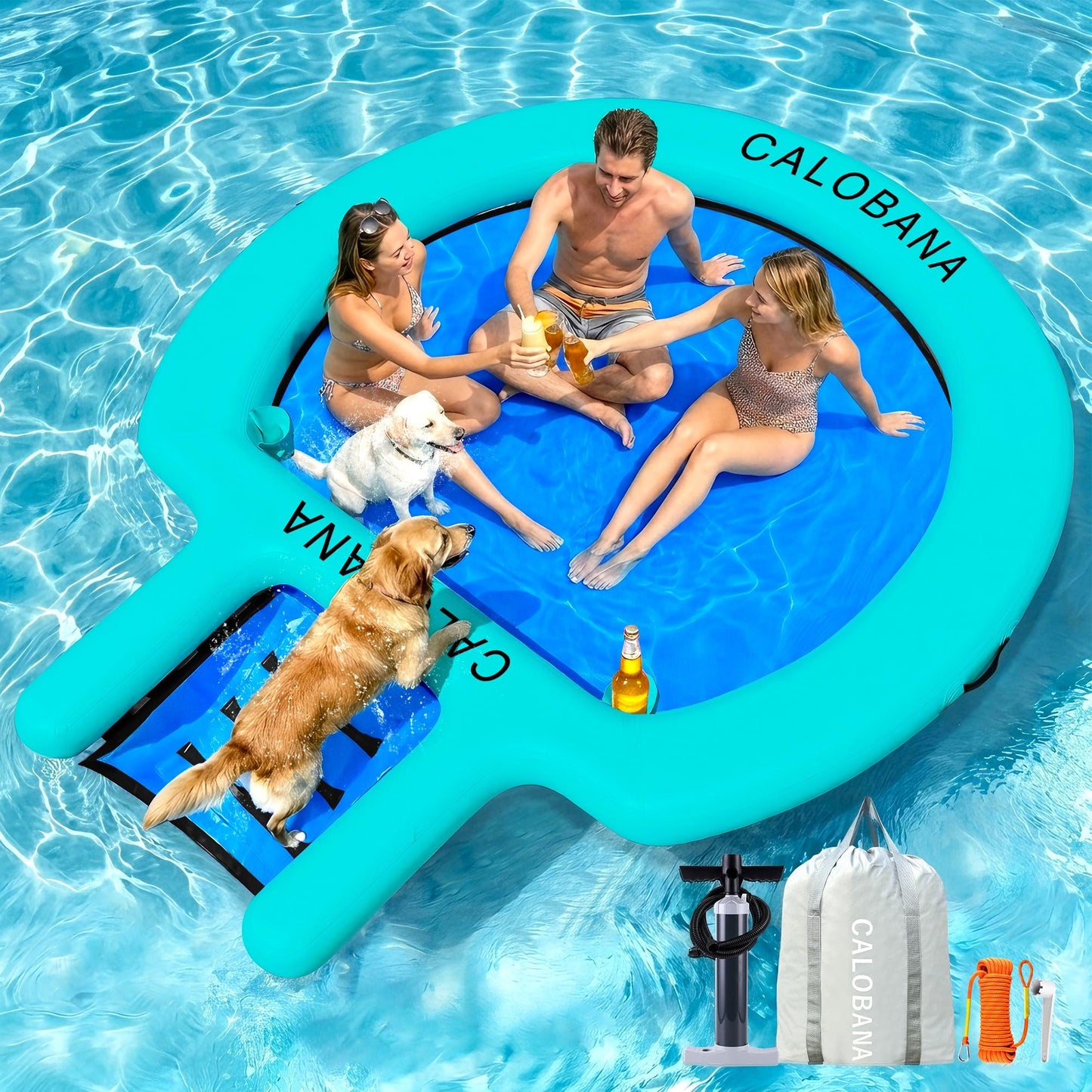 CALOBANA 8FT Water Hammock with Ramp, Inflatable Round Floating Ring with Ladder for Adults Pets, Heavy Duty Floating Dock with 