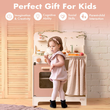 ROBOTIME Kids Play Kitchen Set - Rustic Wooden Kitchen Sets, Pretend Play Kitchen with Leaf Light String, Apron, and Groves, for
