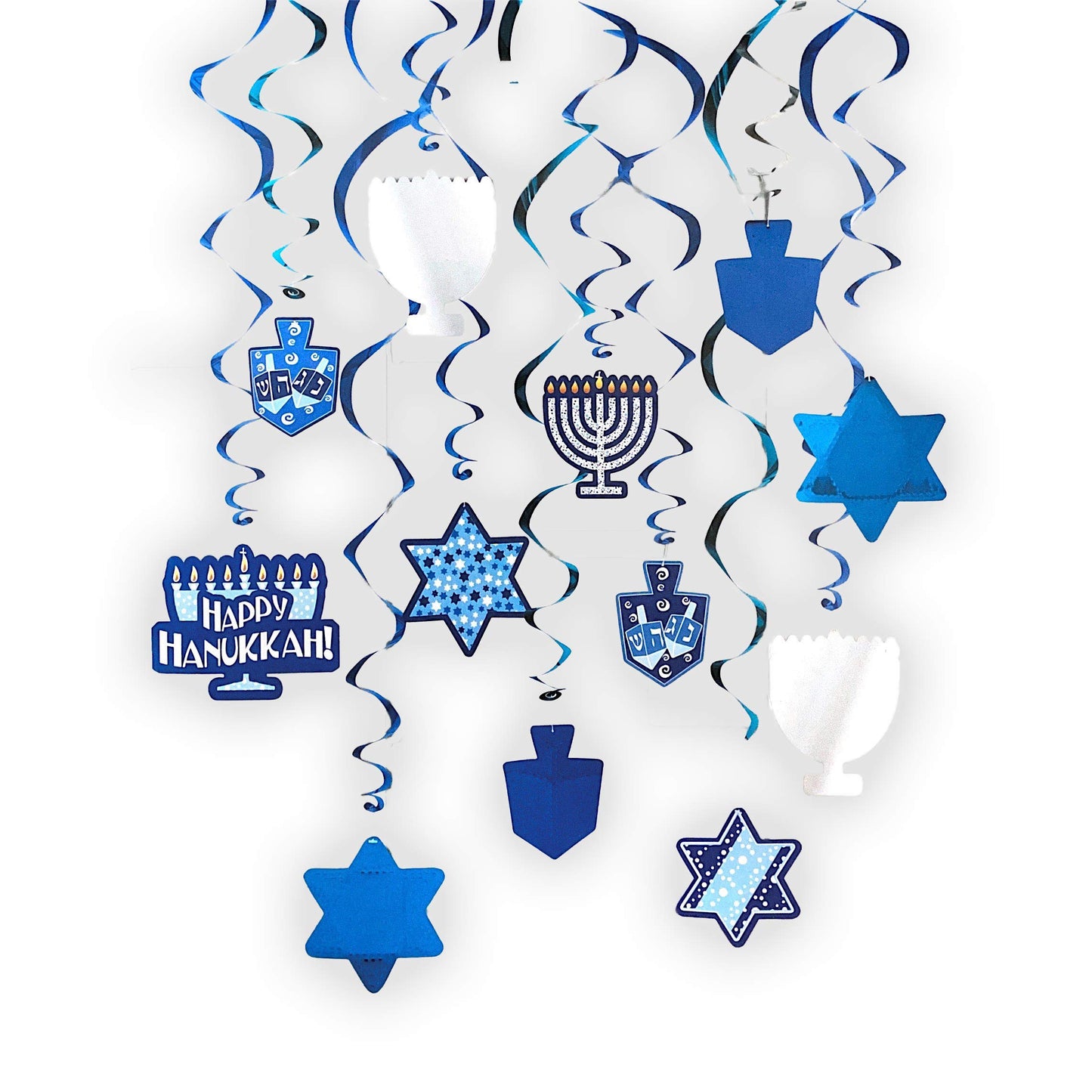 The Dreidel Company Hanukkah Swirl Decorations, Includes 12 Swirls with Foil Hanukkah Cutouts 24 and Swirls Alone Hang 18 (Singl