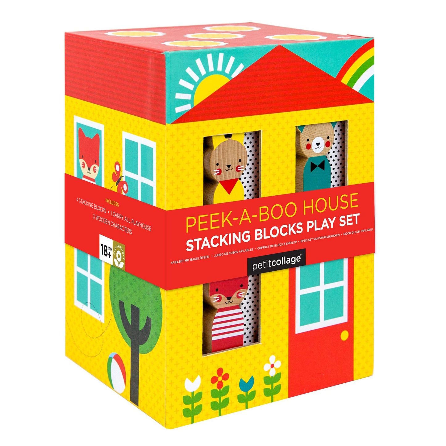 Petit Collage Peek-A-Boo Nesting And Stacking Blocks Playset, Includes 4 Stacking Boxes And 3 Wooden Characters – Easy Storage And Cute Illustrations – Makes A Great Gift Idea
