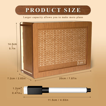 5000 Savings Challenge Box Cash Vault Wooden Coin Bank Money Saving Box With Target And Numbers - Piggy Bank For Kids Adults 5K