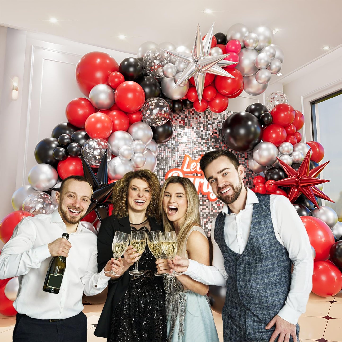 Bonropin 161Pcs Red And Black Balloon Arch Kit With Explosion Star Balloons, 5/10/12/18In Red Black And Metallic Silver Balloons