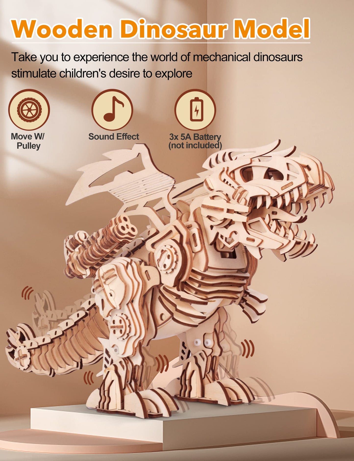 Miebely 3D Wooden Puzzles For Adults - T-Rex Dinosaur Model Kits Can Walk And Roar, Mechanical Dinosaur Toys For Boys Kids Ages