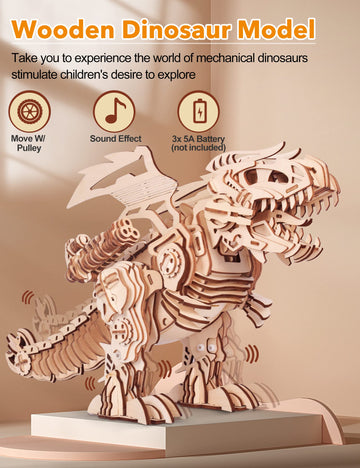 Miebely 3D Wooden Puzzles For Adults - T-Rex Dinosaur Model Kits Can Walk And Roar, Mechanical Dinosaur Toys For Boys Kids Ages
