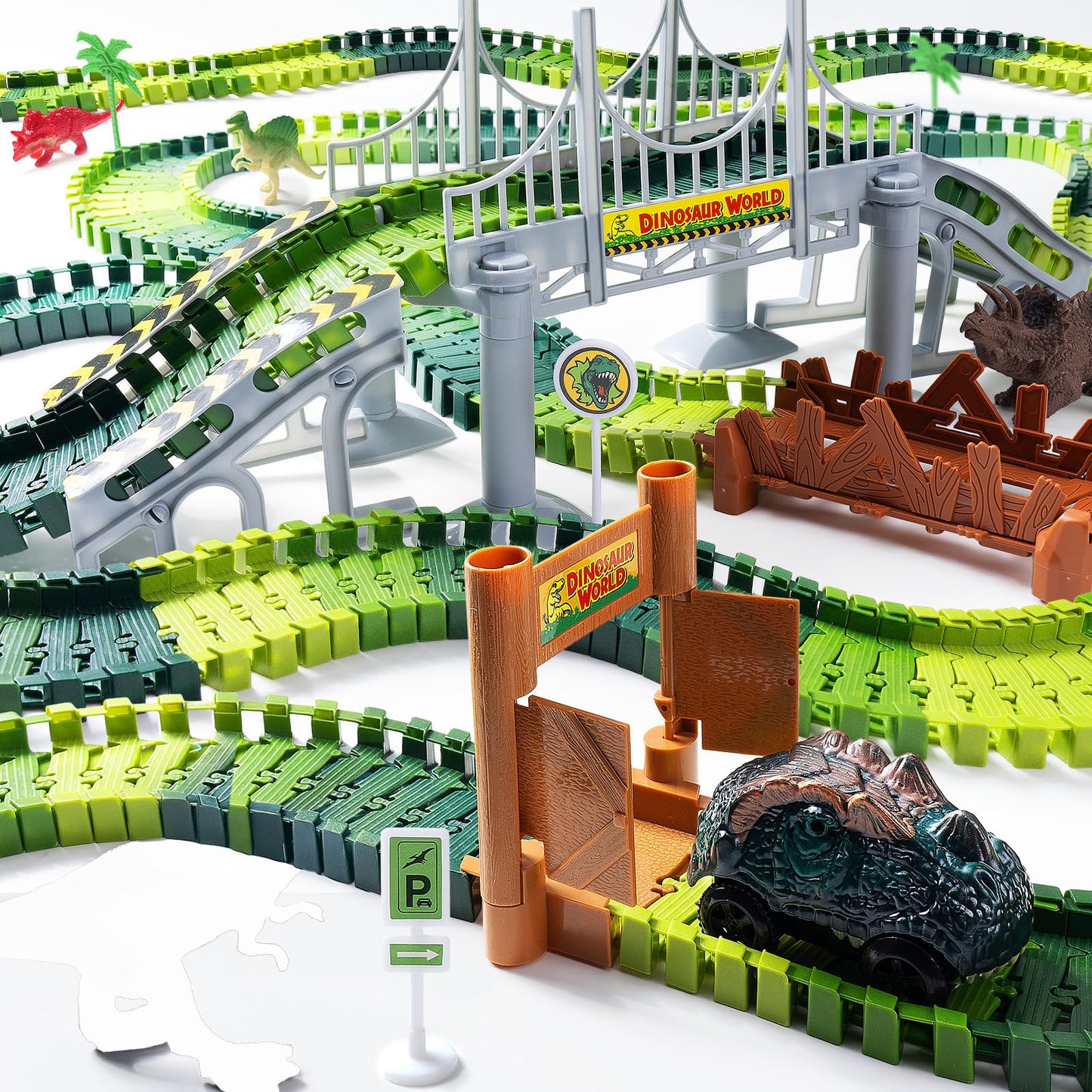 Coroiesty 268 PCS Dinosaur Race Track Set - Glow in The Dark, Flexible DIY Track for Kids 3-9, Green, Includes 2 Dinosaur Cars