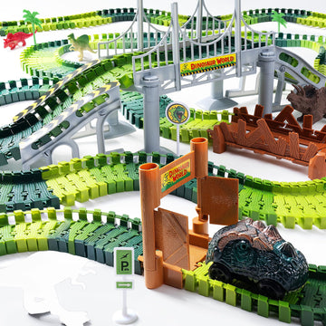 Coroiesty 268 PCS Dinosaur Race Track Set - Glow in The Dark, Flexible DIY Track for Kids 3-9, Green, Includes 2 Dinosaur Cars
