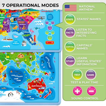 Quokka Educational Toys For Kids 5-7 Year Old - Usa World Maps Learning Wall Chart For Toddlers Age 3 4 6+ - Interactive Speech Therapy Poster Boy Girl - Autism Game 8-10-12