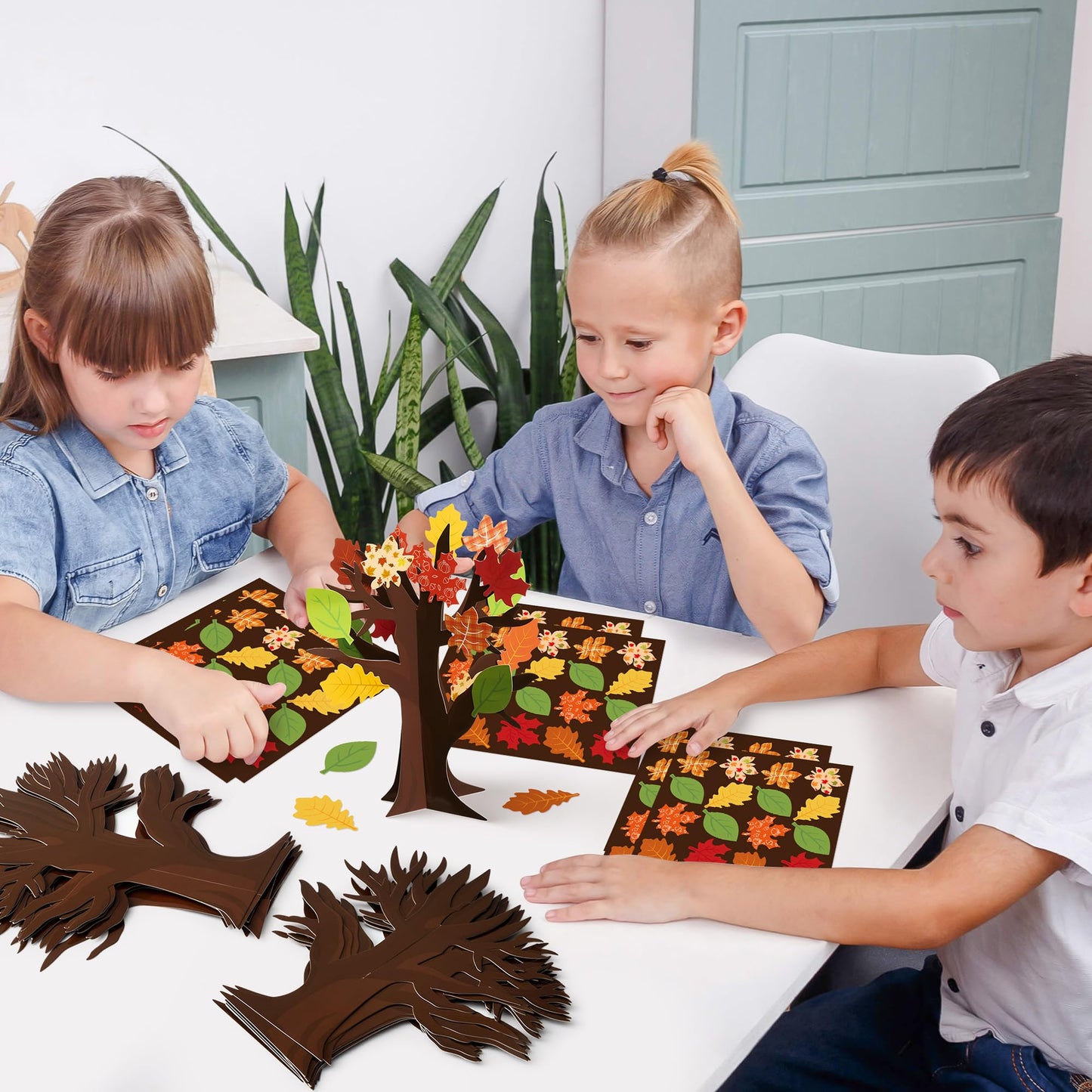 WATINC 16Pcs Fall Thankful Trees Craft Kits for Kids, Autumn Maple Oak Leaves Make Your Own DIY Thanksgiving Trees Decoration Th