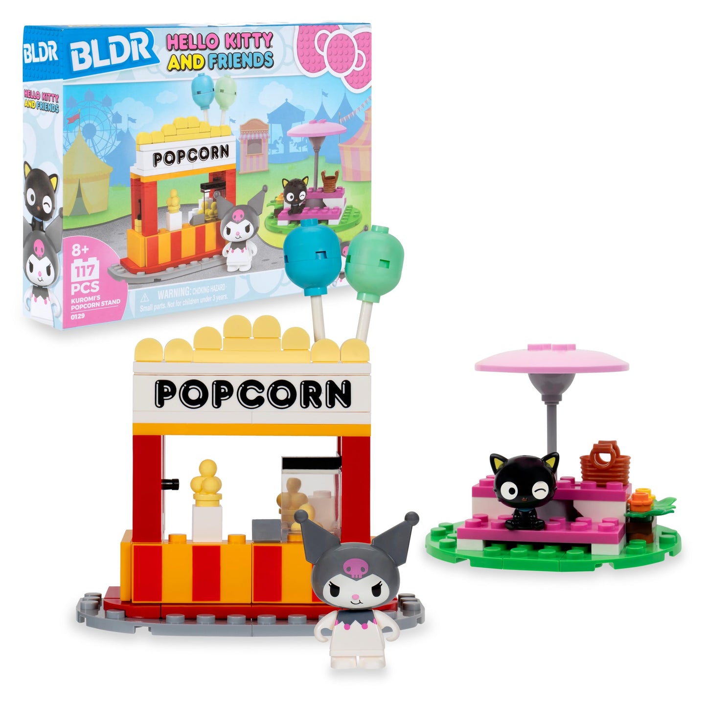 BLDR Hello Kitty and Friends Kuromis Popcorn Stand Building Set - Kuromi & Chococat Poseable Minifigures - Gifts for Kids & Sanr