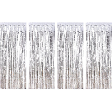 4 Pack Foil Curtains Metallic Fringe Curtains Shimmer Curtain for Birthday Wedding Disco Party Decorations (Silver)