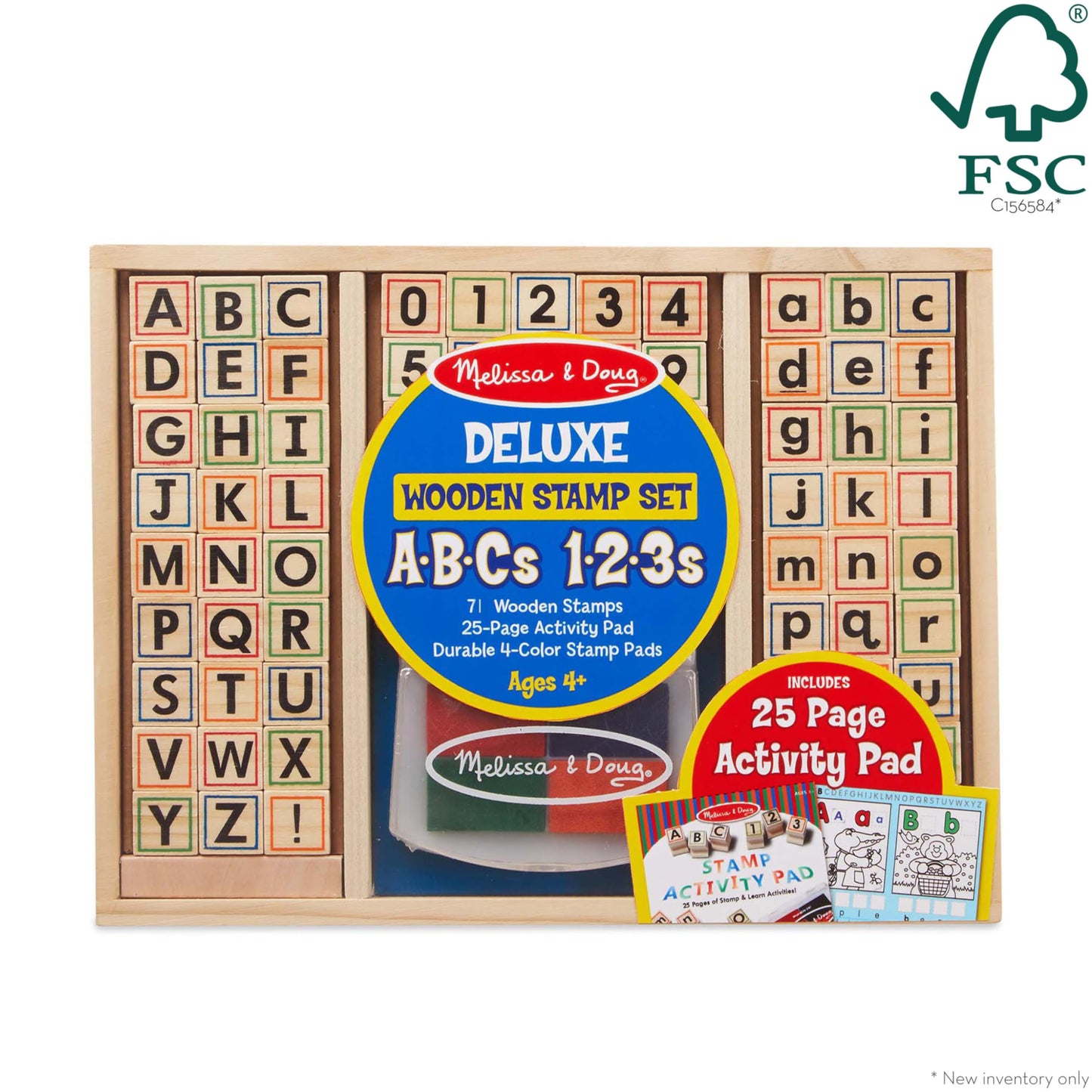 Melissa & Doug Deluxe Letters and Numbers Wooden Stamp Set ABCs 123s With Activity Book, 4-Color Stamp Pad ABC Stamps, Kids Arts