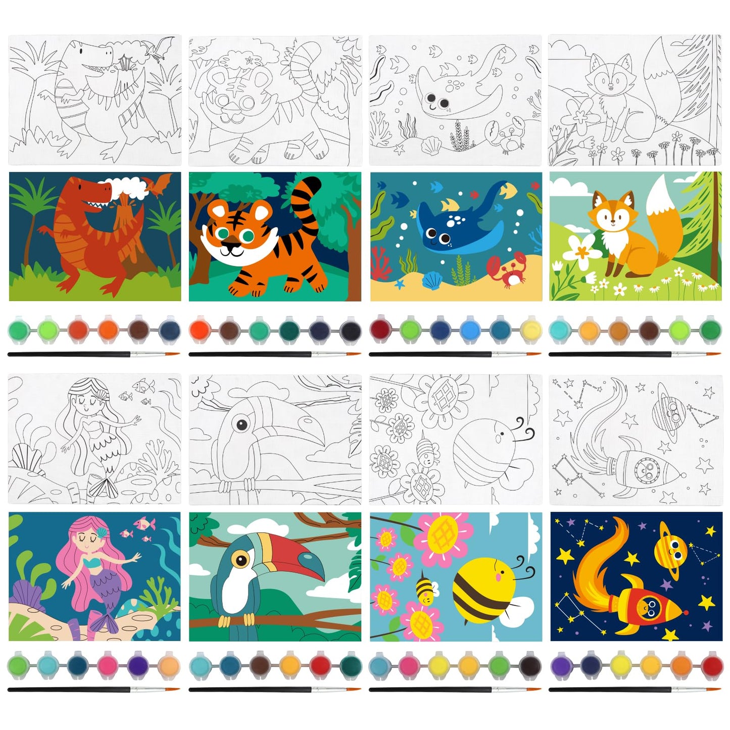 8 Packs Predrawn Canvas for Painting Kids Paint Canvas for Kids, 48 Paints, 8 Brushes 2 Easels, 8 6x8 Printed Canvas for Girls B