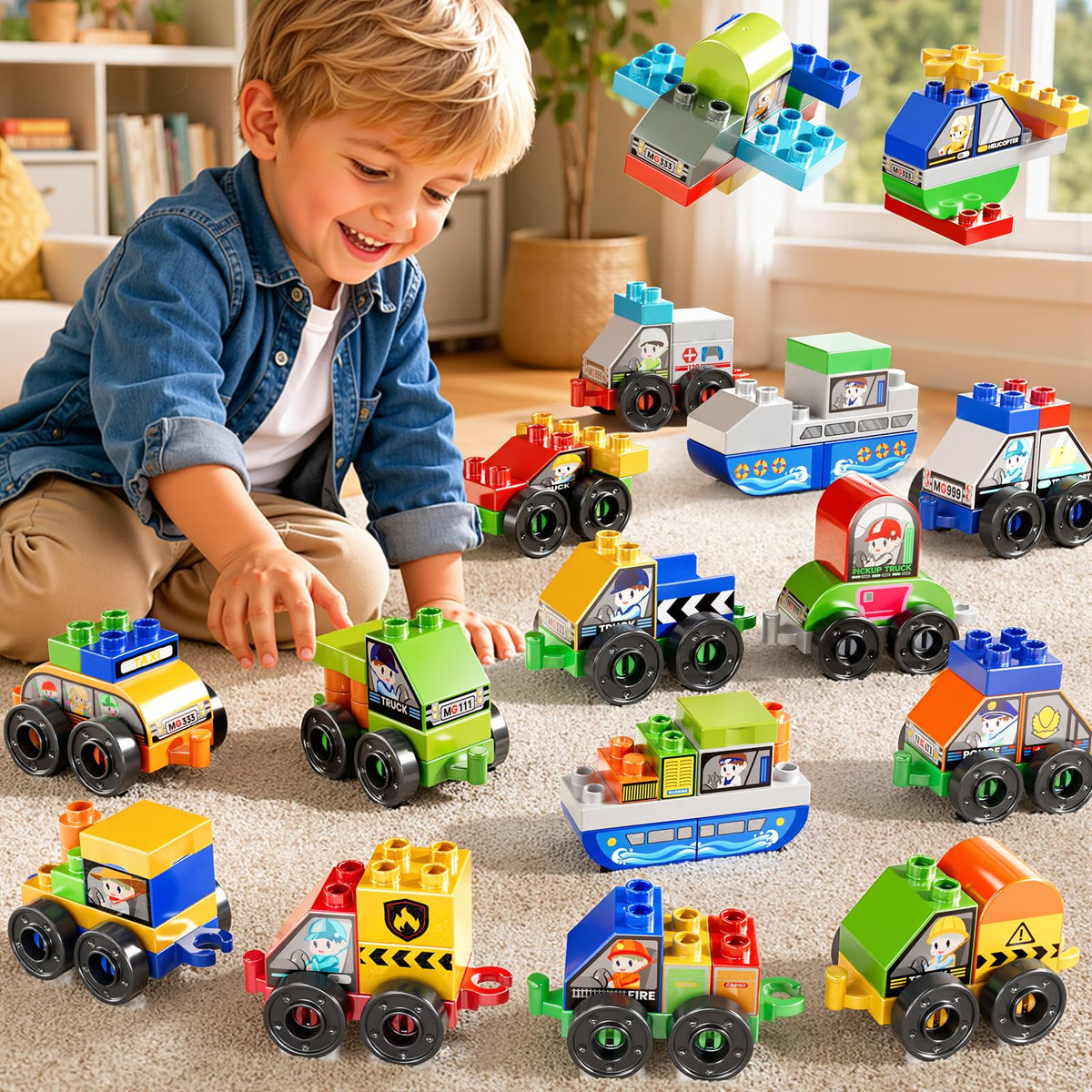 XINNOVEL Toddlers Car Building Blocks Set, 16Pcs Different Vehicles, Build Your Own Toy Cars, STEM Learning Toy for Ages 35, Gi