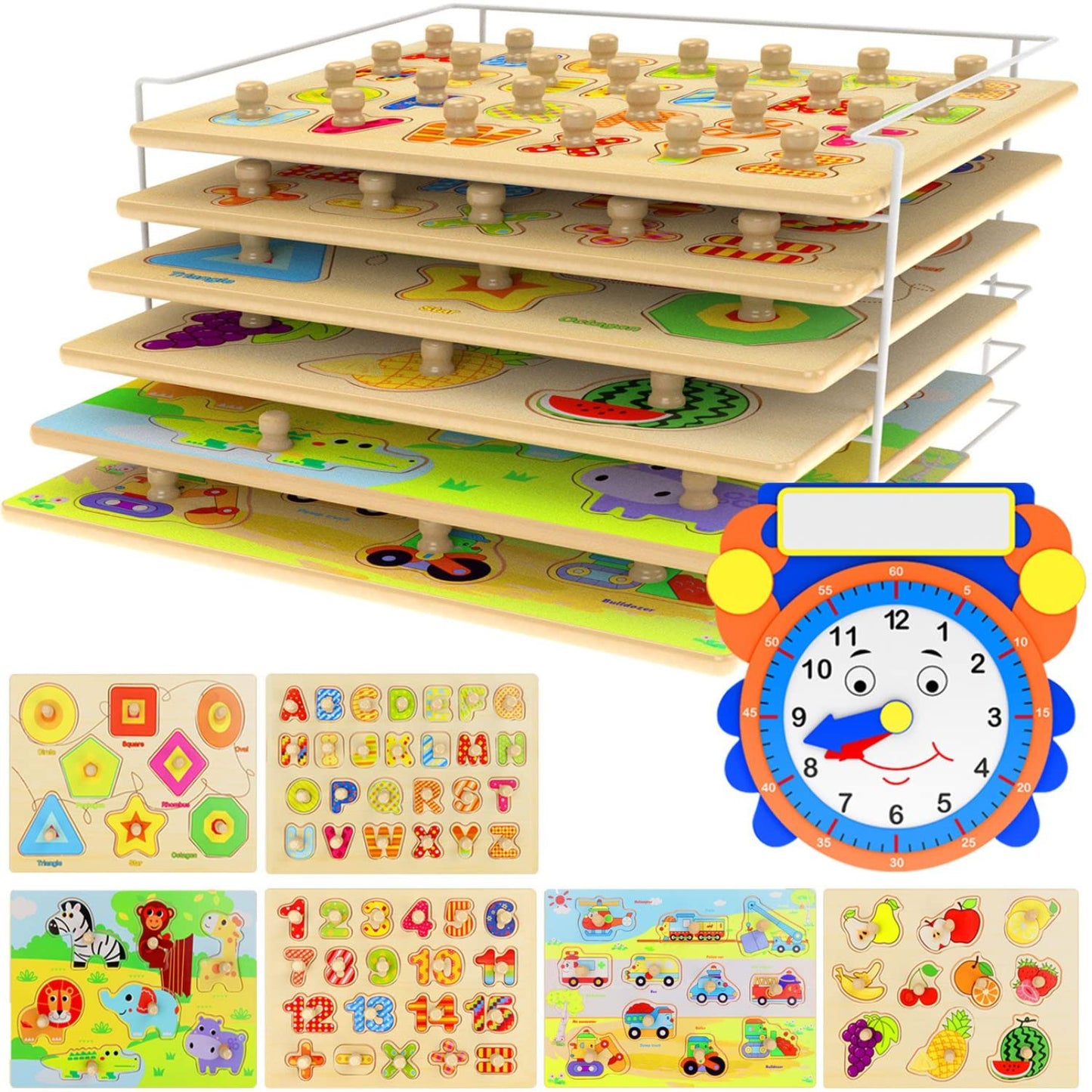enhanced Puzzles for Toddlers and Rack Set - (7 Pack) Includes 1 Learning Clock - 6 Alphabet  Numbers  Shapes  Animals  Cars  Fruits Puzzles