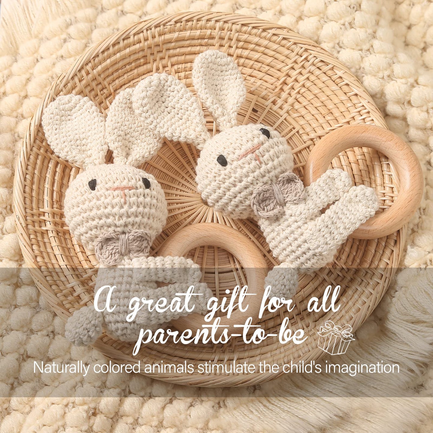 Wooden Teether Crochet Baby Rattle, Crochet Baby Toys, Organic Wooden Newborn Toys, Newborn Animal Rattle Toys,Knitted Stuffed Animals Gifts For Baby, Lovely Bunny