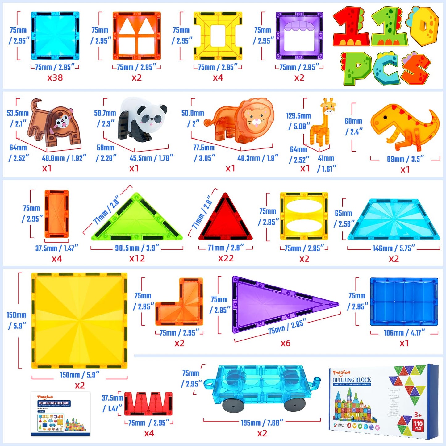 Magnetic Tiles 110PCS 3D Animals Magnet Tiles with 2 Cars Kids Magnet Building Blocks STEM Educational Magnet Toy Set Constructi