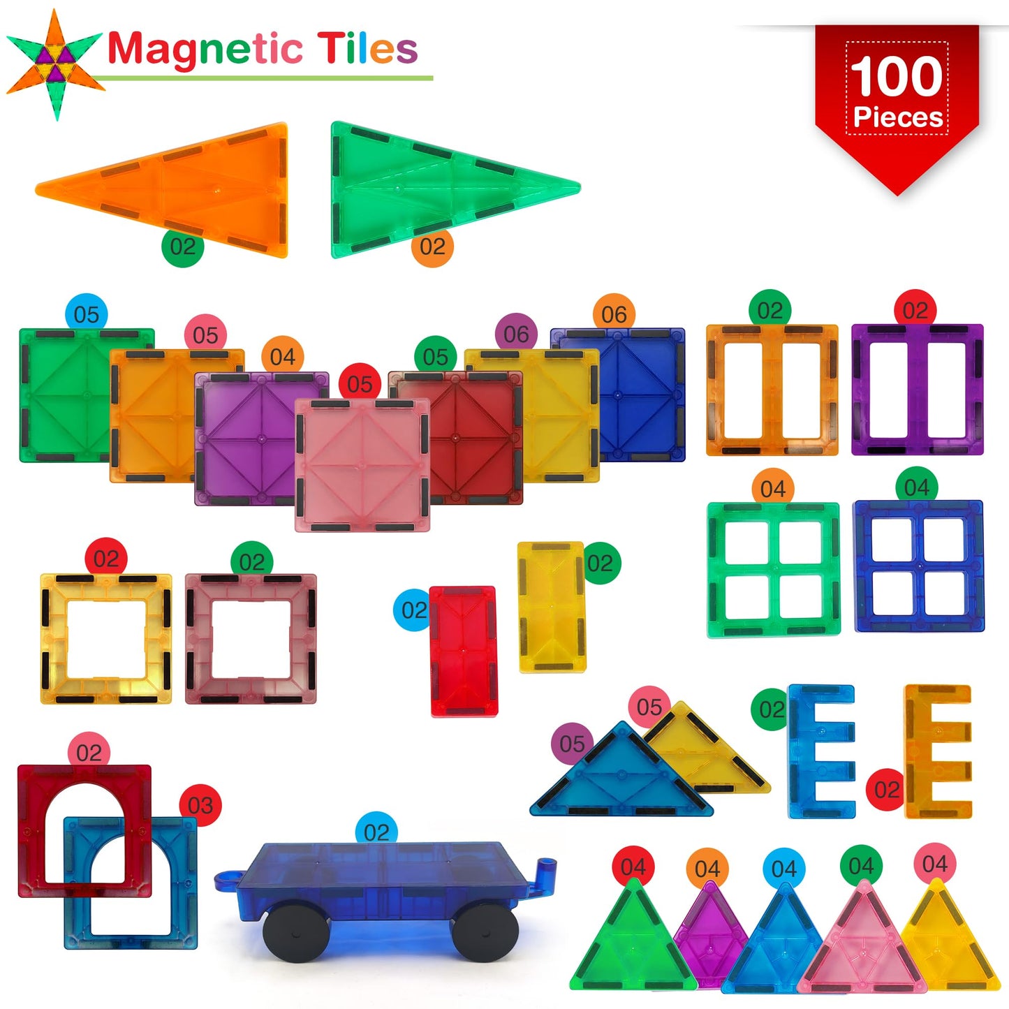 Tigerdoe Magnetic Tiles Set, 100 PCS Educational 3D Building Toy, Large Size, Multi-Color, ABS Plastic for Kids' Learning and Play