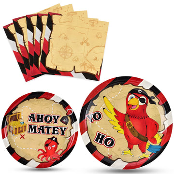 Wernnsai Pirate Party Supplies - 48 Pcs Treasure Map Party Plates And Napkins Disposable Party Supplies Bundles Treasure Pirate Dinner Dessert Cake Plates Napkins For Kids Birthday Serves 16 Guests