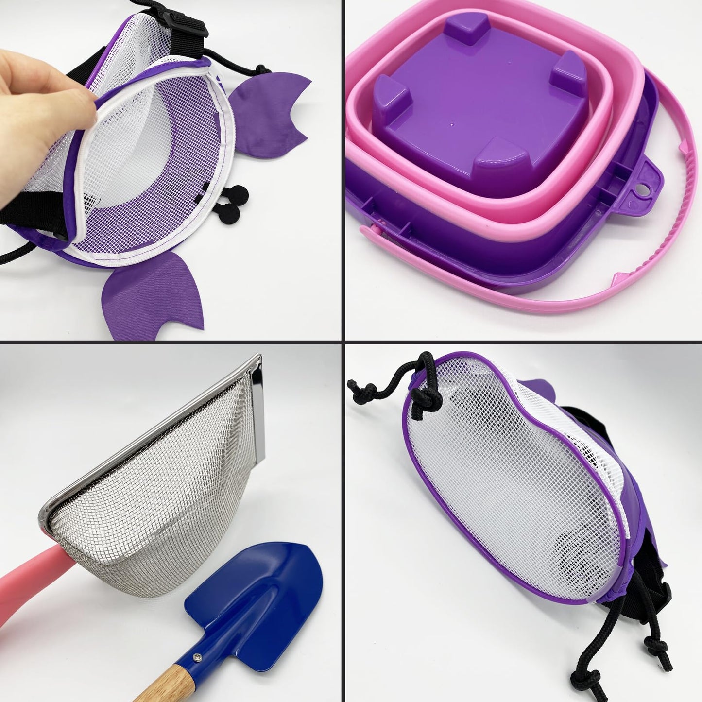 Yooleetc 4Pcs Beach Toy Mesh Shovel And Mesh Beach Bag Seashell Bag With Foldable Beach Bucket & Shovel,For Sand Filter & Collec
