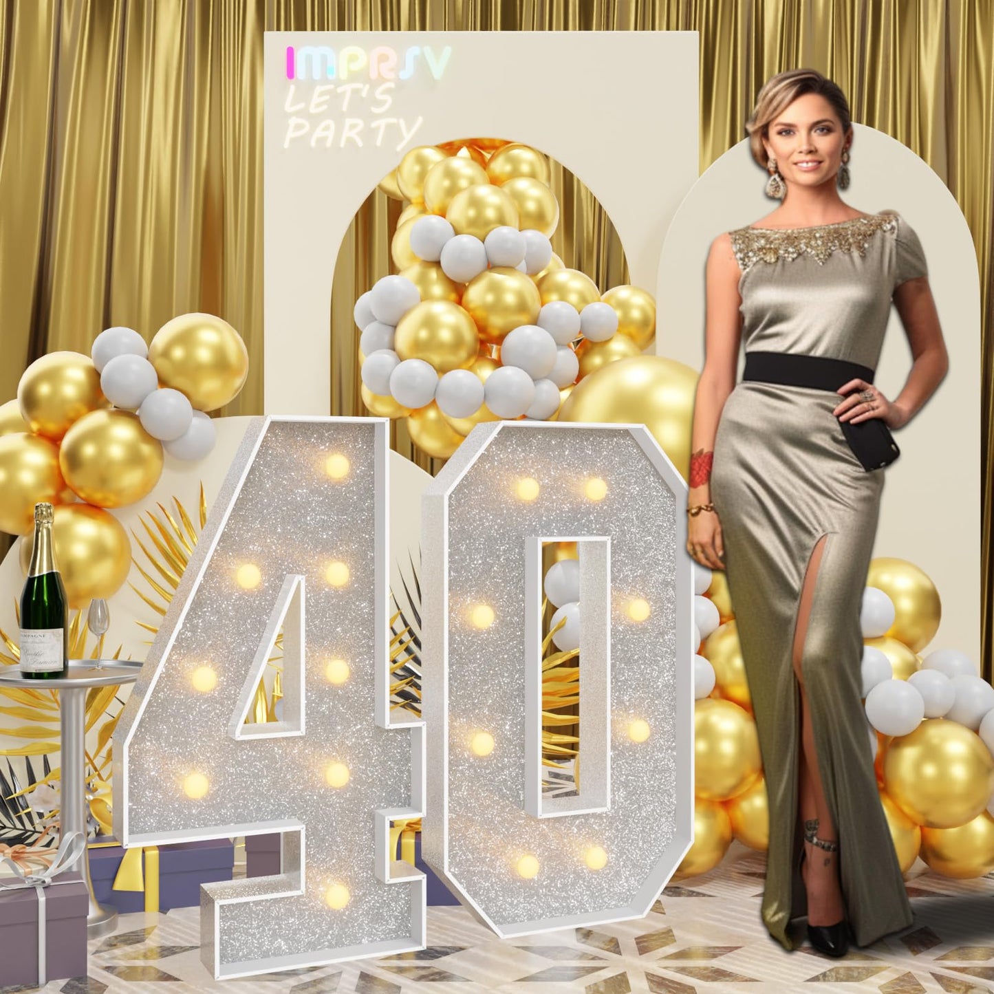 Imprsv 3Ft Silver 40Th-Birthday Decorations Numbers: 40Th Birthday Party Anniversary Decorations Large Light Up Numbers 40 For M