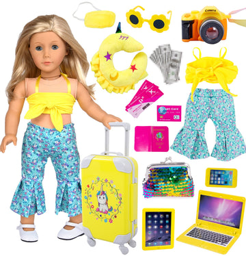 Ebuddy Doll Clothes And Accessories 18 Inch Doll Travel Set With Unicorn Printed Luggage Suitcase Fit For 18 Inch Girl Doll,Most 18 Inch Dolls(No Doll)