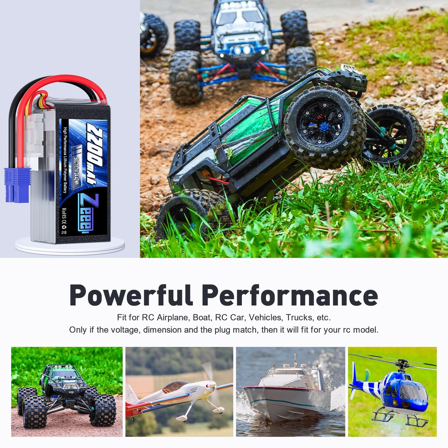 Zeee 3S Shorty Lipo 2200mAh 11.1V Battery 50C Small Pack Battery with EC3 Plug for RC Car Truck RC Vehicles Boat Drone RC Airpla