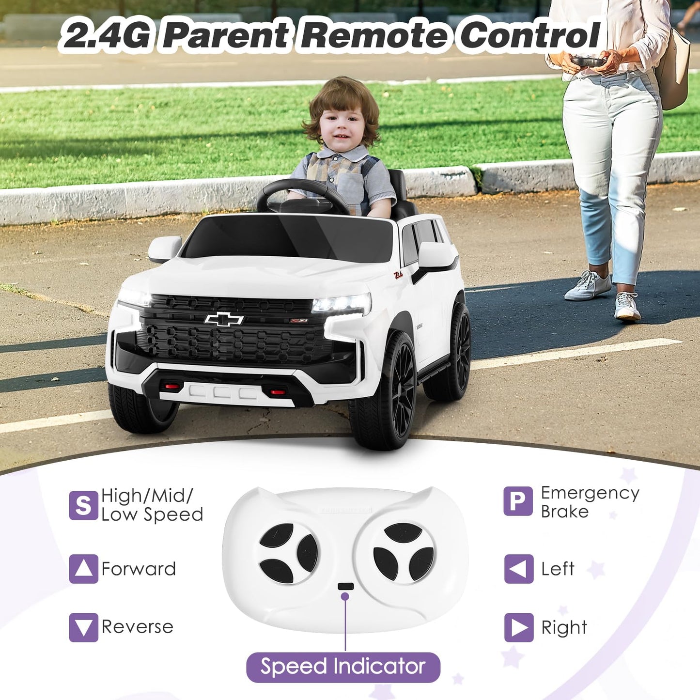 HONEY JOY Ride On Truck, 12V Licensed Chevrolet Tahoe, Chevy Electric Vehicle for Kids, Soft Start, Music, Lights, Battery Power