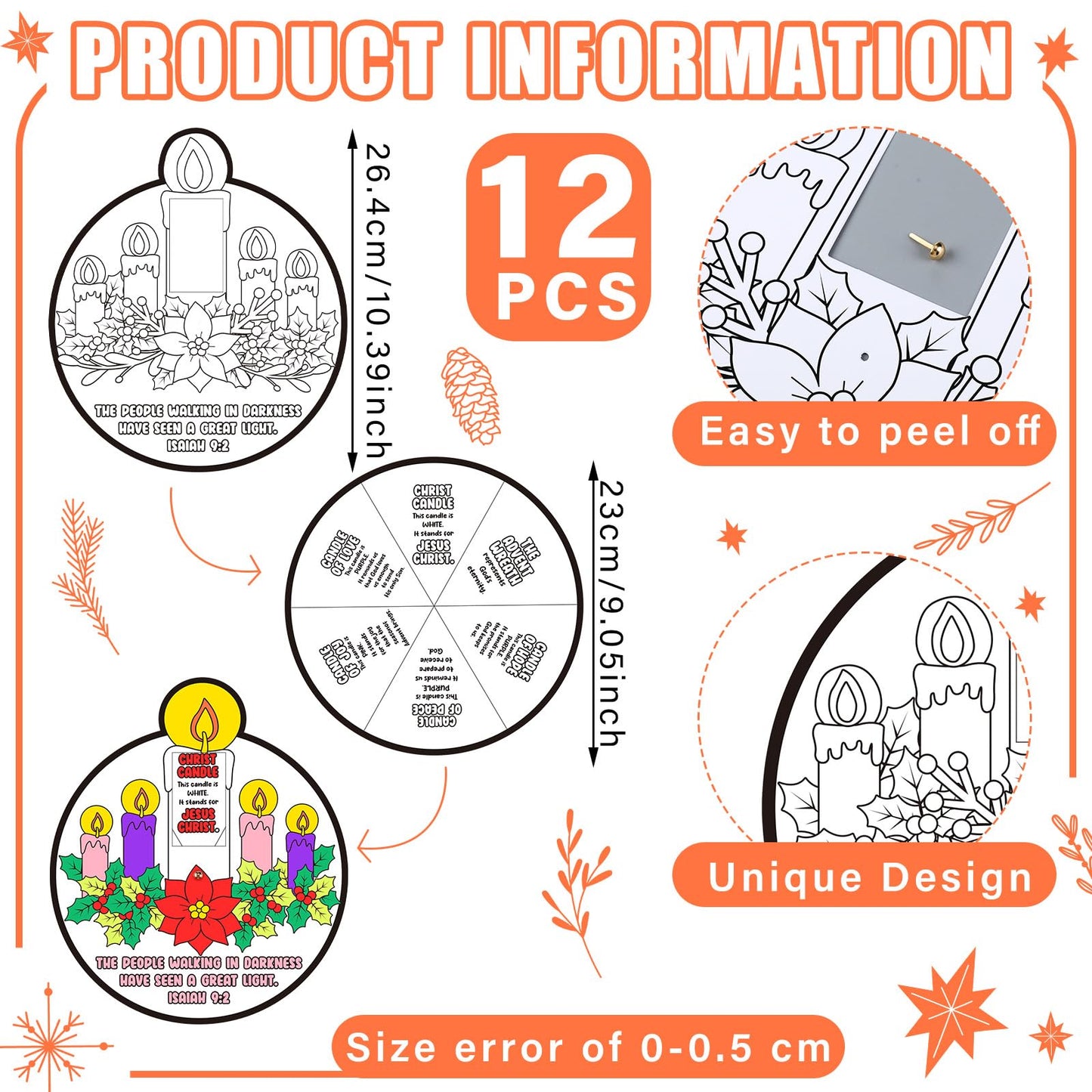 Hollowfly 12 Sets Color Your Own Advent Wreath Crafts DIY Advent Candle Scene with Joy Christ Peace Love Hope Crafts Religious C
