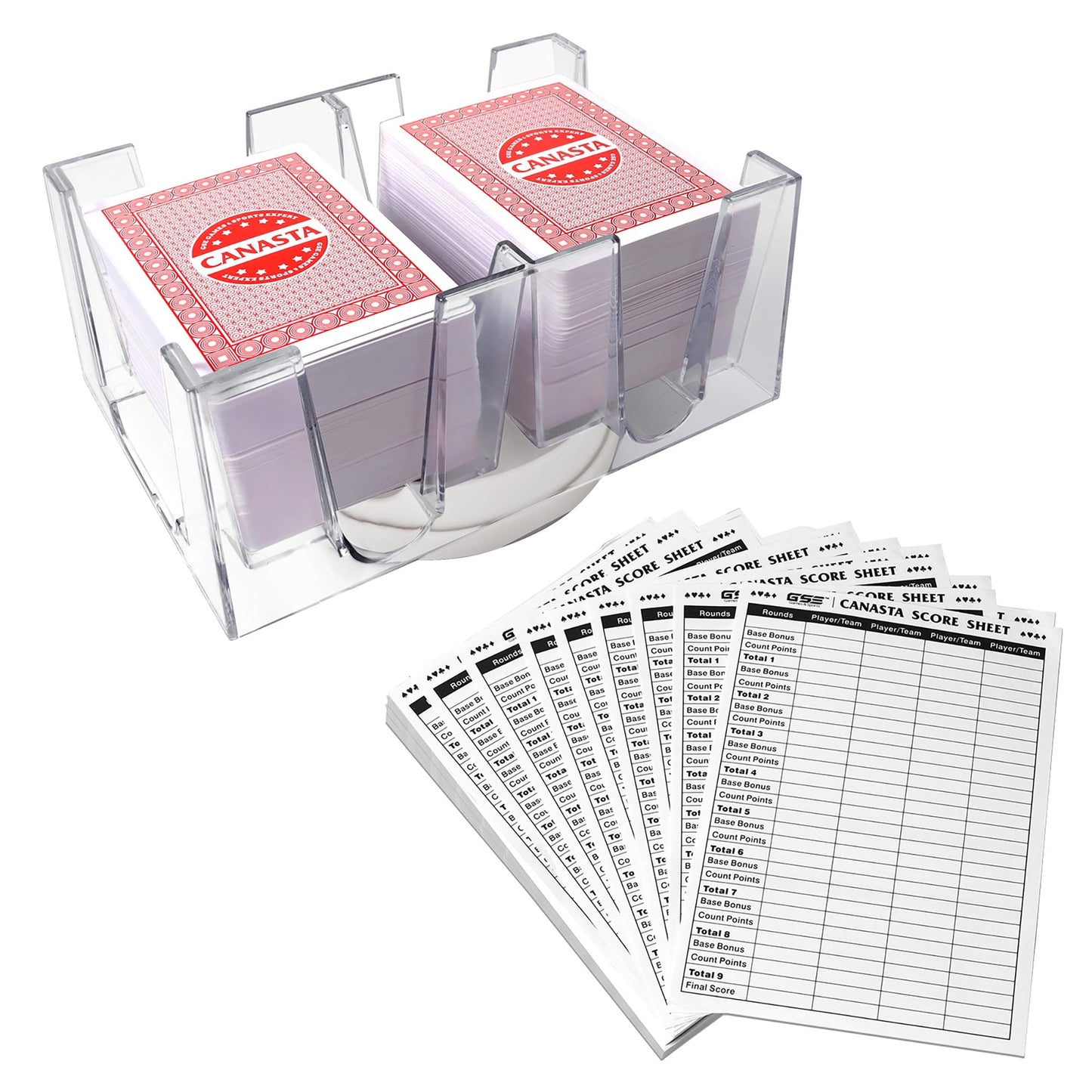 Gse Games & Sports Expert Canasta Cards Game Set, Includes 6 Decks Canasta Playing Cards With Point Values, A Revolving Card Tray, And 100 Canasta Score Sheets (Red)
