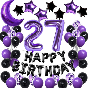 Naninuneno 27Th Birthday Decorations Set For Girl Women Boy Men, Purple Black 27 Happy Birthday Balloons Supplies With Purple Nu