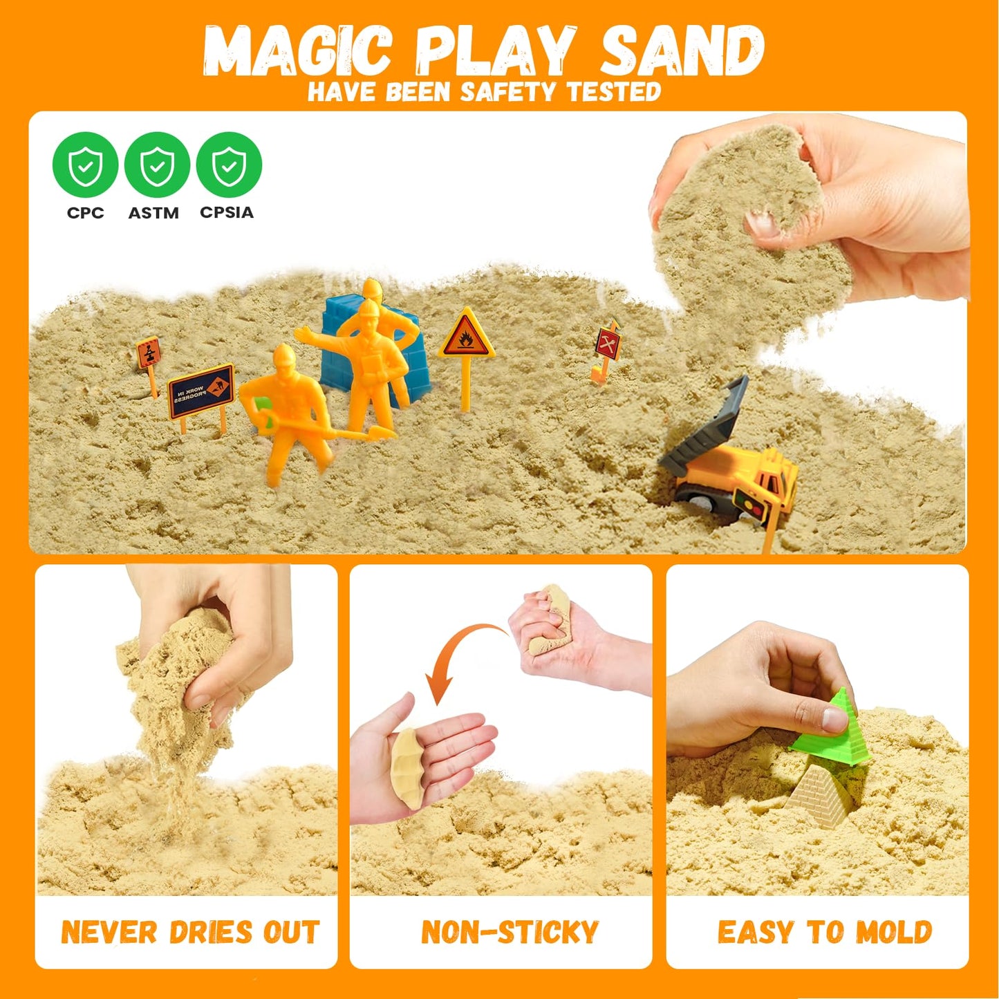 BlingCnsy Construction Sensory Bin with Lid, Play Sand Kit for Boys with 2.2lbs Magic Sand & 5 Construction Trucks, Sensory Cons