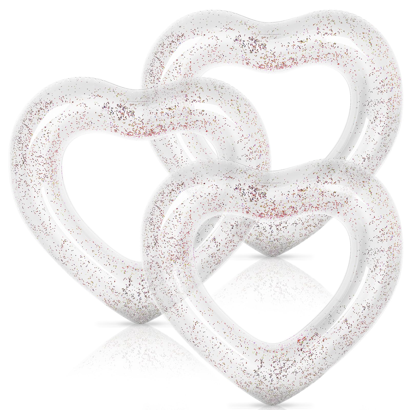 Whaline 3Pcs Inflatable Heart Pool Float with Glitter Inside White Swim Pool Rings Float Loungers Tube for Summer Pool Beach Bac