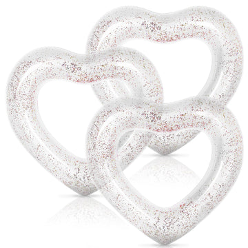 Whaline 3Pcs Inflatable Heart Pool Float with Glitter Inside White Swim Pool Rings Float Loungers Tube for Summer Pool Beach Bac