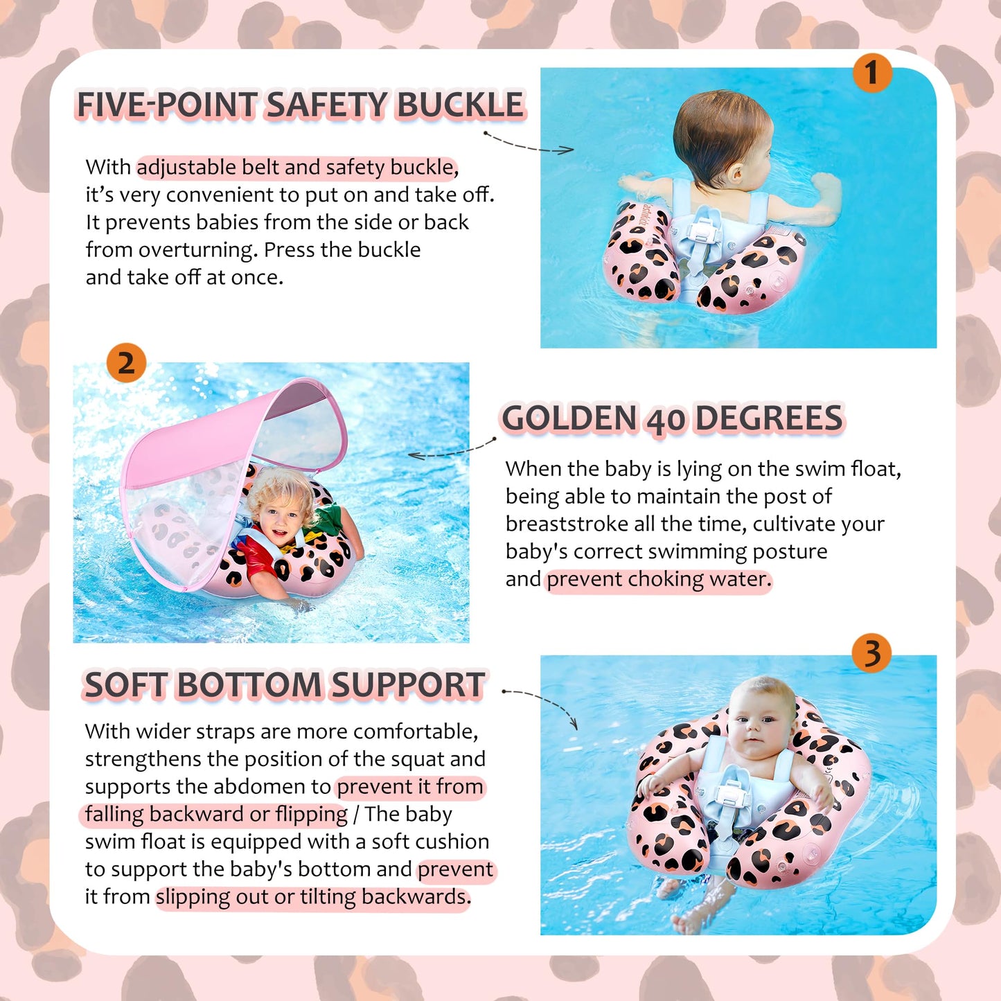 Yasinkidz Baby Pool Float, Leopard Toddler Pool Float Baby Float With Canopy, Infant Pool Floats For Kids 6-36 Months Leopard+(1