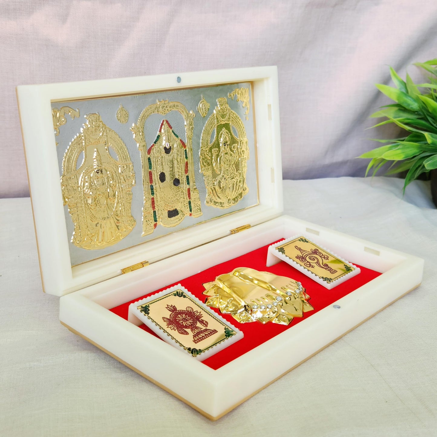 ARNAVIRA Tirupati Balaji Gold Plated Photo Frame with Charan Paduka Pocket Temple for House Warming Gifts Return Gift Diwali Gif