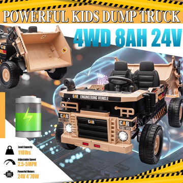 Ride On Dump Truck 24V, 4Wd Kids Car With Remote Control, Electric Dump Bed And Shovel, Ride On Construction Vehicles 4X70W Powe