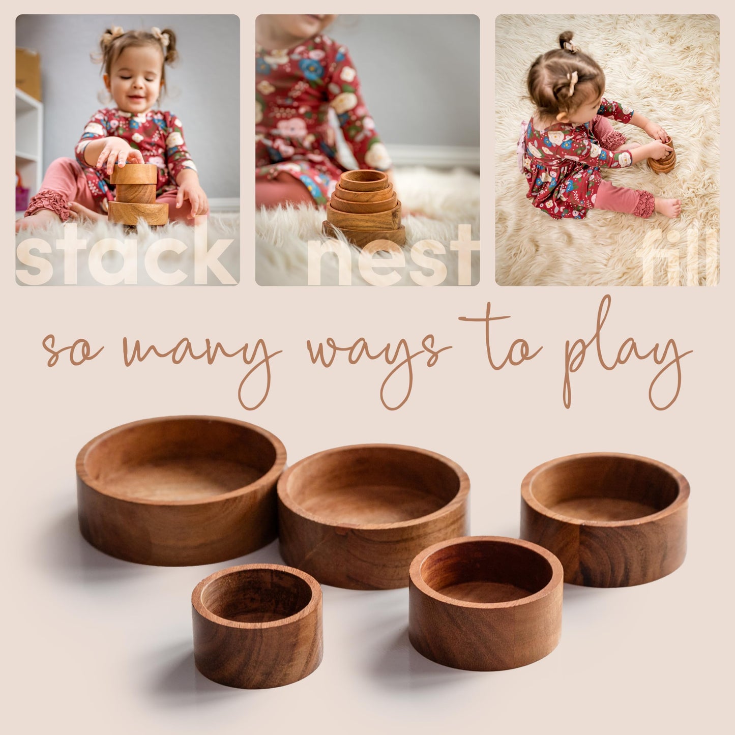 KOOKAROO Wooden Stacking Bowls - Montessori Nesting Toy for Sensory Play & Fine Motor Skills  Natural Acacia Wood