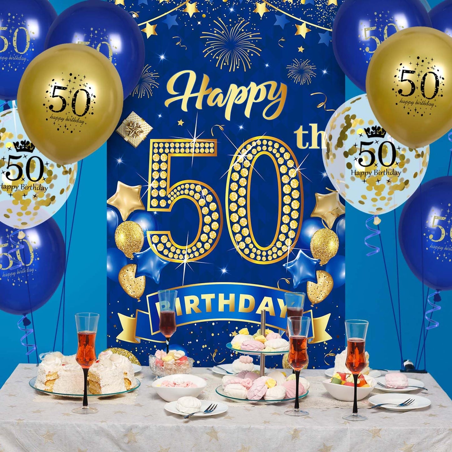50Th Birthday Party Decorations For Men Navy Blue Gold Happy 50Th Birthday Banner With 18Pcs 50Th Balloons 50Th Door Cover Backdrop For Men Women Birthday Anniversary Party Sign Porch Decor Supplies