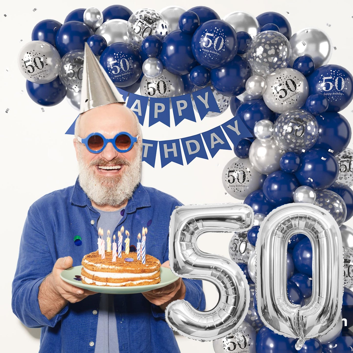 50Th Birthday Decorations Navy Blue Silver,50Th Birthday Balloon Garland Party Decorations With Number 50 Foil Balloons,Happy Bi